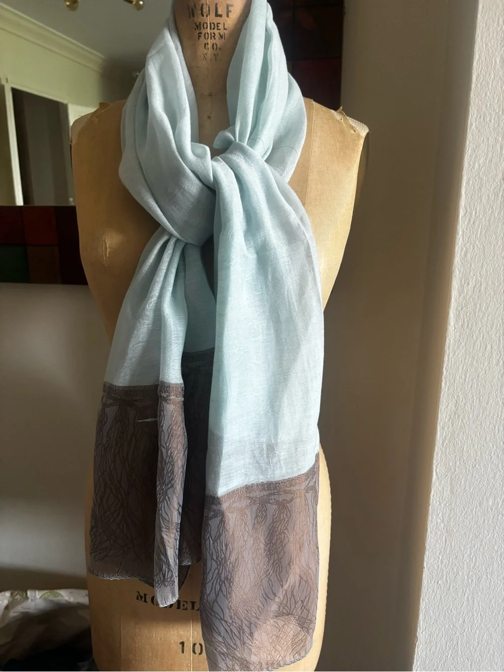 Light Blue and Taupe Raw Silk Scarf, Hand Loom, slightly imperfect
